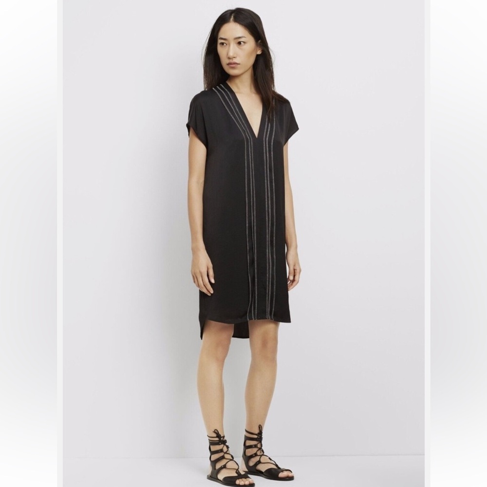 Vince Black V-Neck Draped Popover Dress with White Stitching